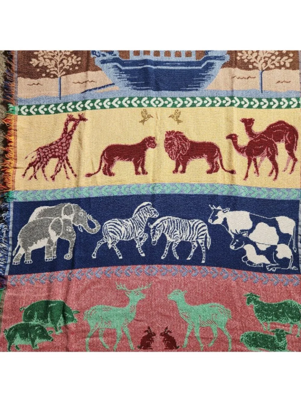 Vtg Crown Crafts Woven Throw Blanket Noah’s Ark Animals Christian Bible 55”x 45”